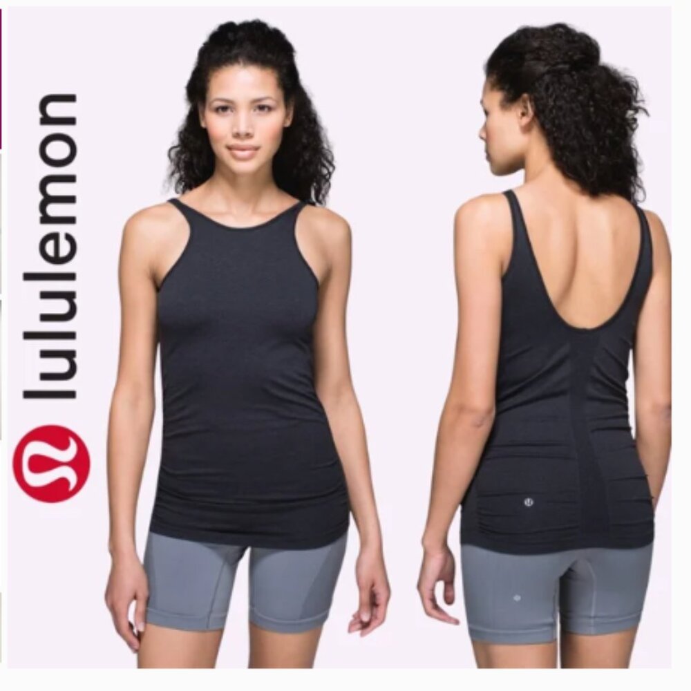 lululemon athletica In The Flow Tank Heathered Black Top Camis (1352)
